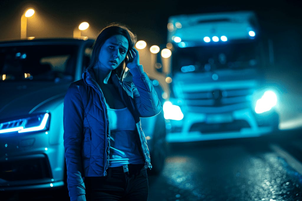 A distressed woman after a truck accident.