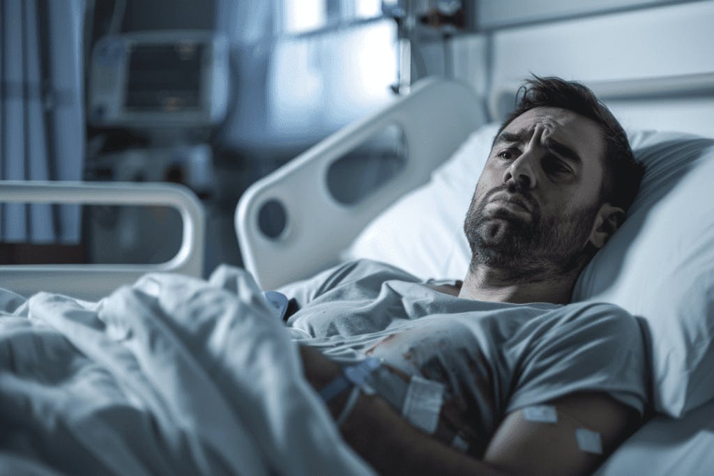 An injured man upset in his hospital bed.