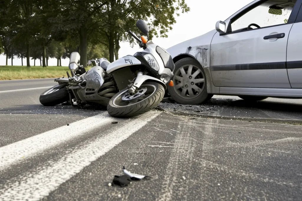 Motorcycle crashed into front of a car.