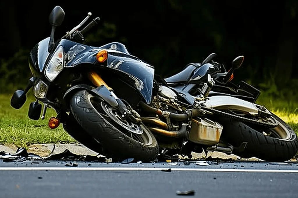 A crashed motorcycle on the side of a road.