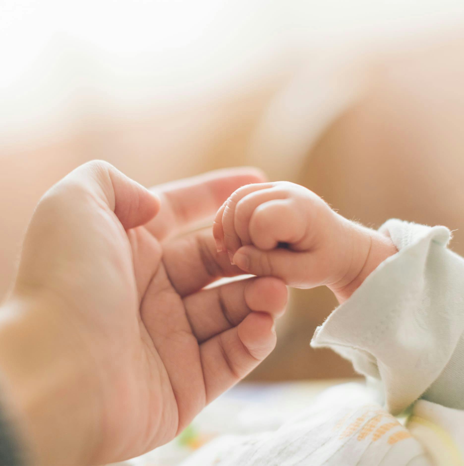 infant holding an adult's finger