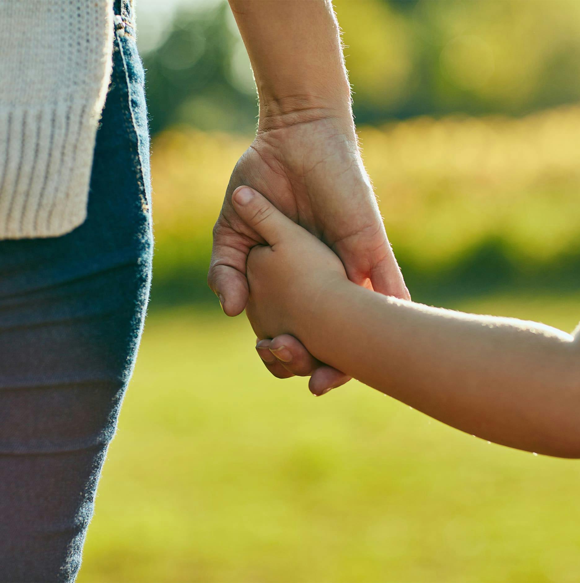 parent and child holding hands walking in field