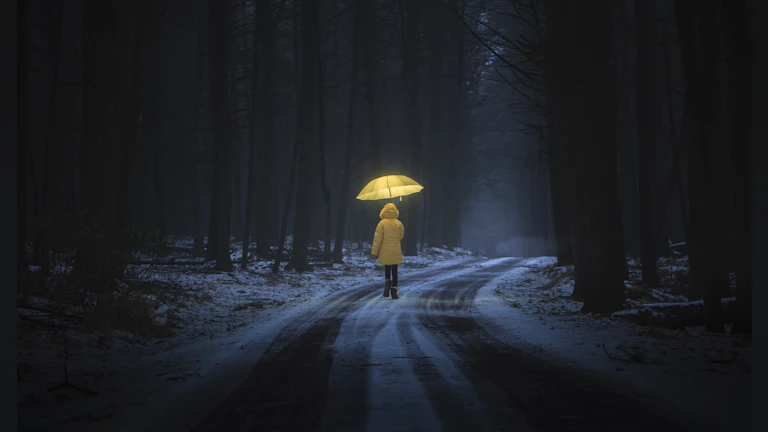 Person with lighted umbrella