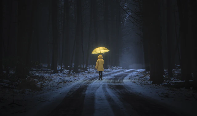 Person with lighted umbrella