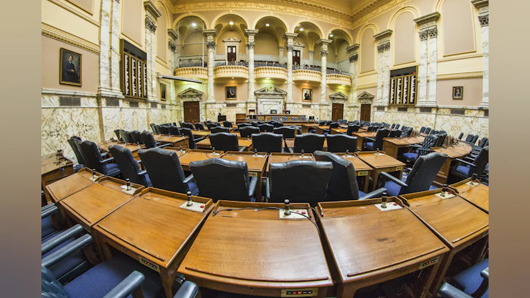 Empty desks and chair in a government buidling