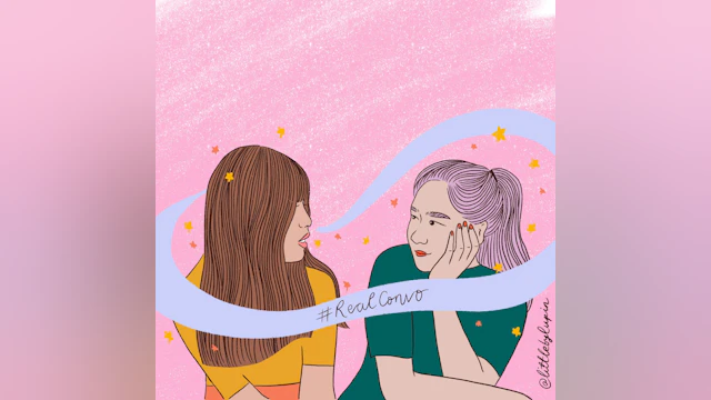 Two women looking at each other while one says #realconvo