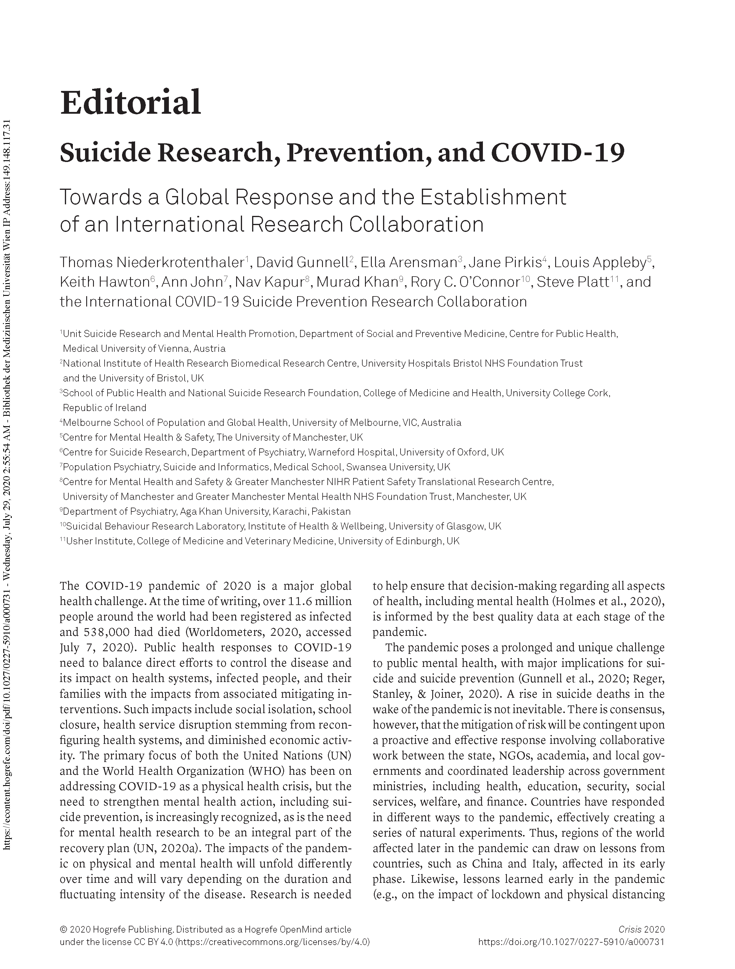 Cover of article Editorial: Suicide Research, Prevention, and COVID-19
