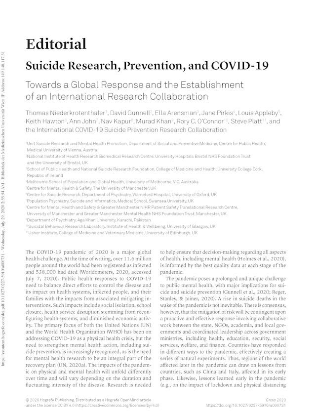 Cover of article Editorial: Suicide Research, Prevention, and COVID-19