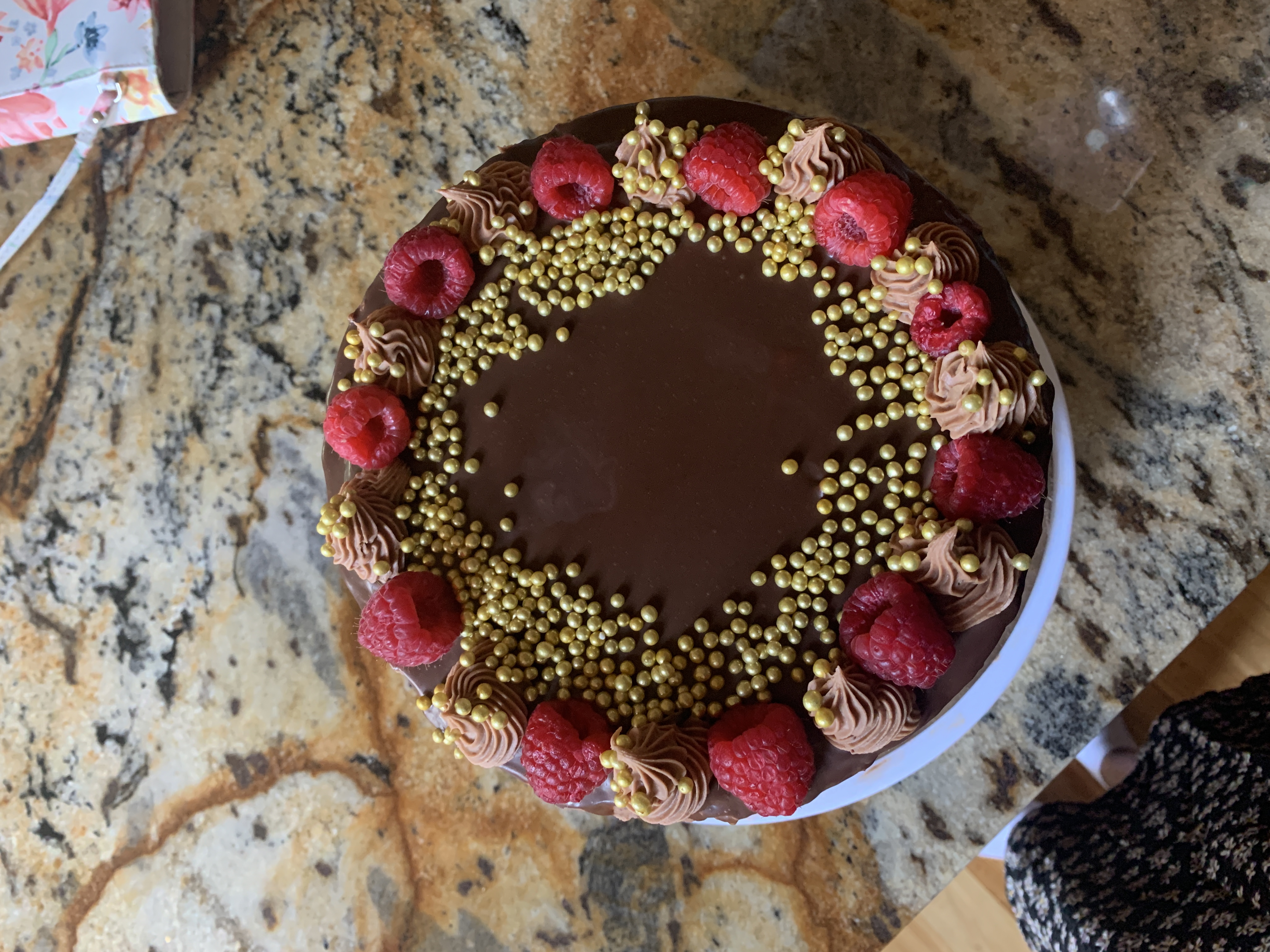 Chocolate cake topped with raspberries