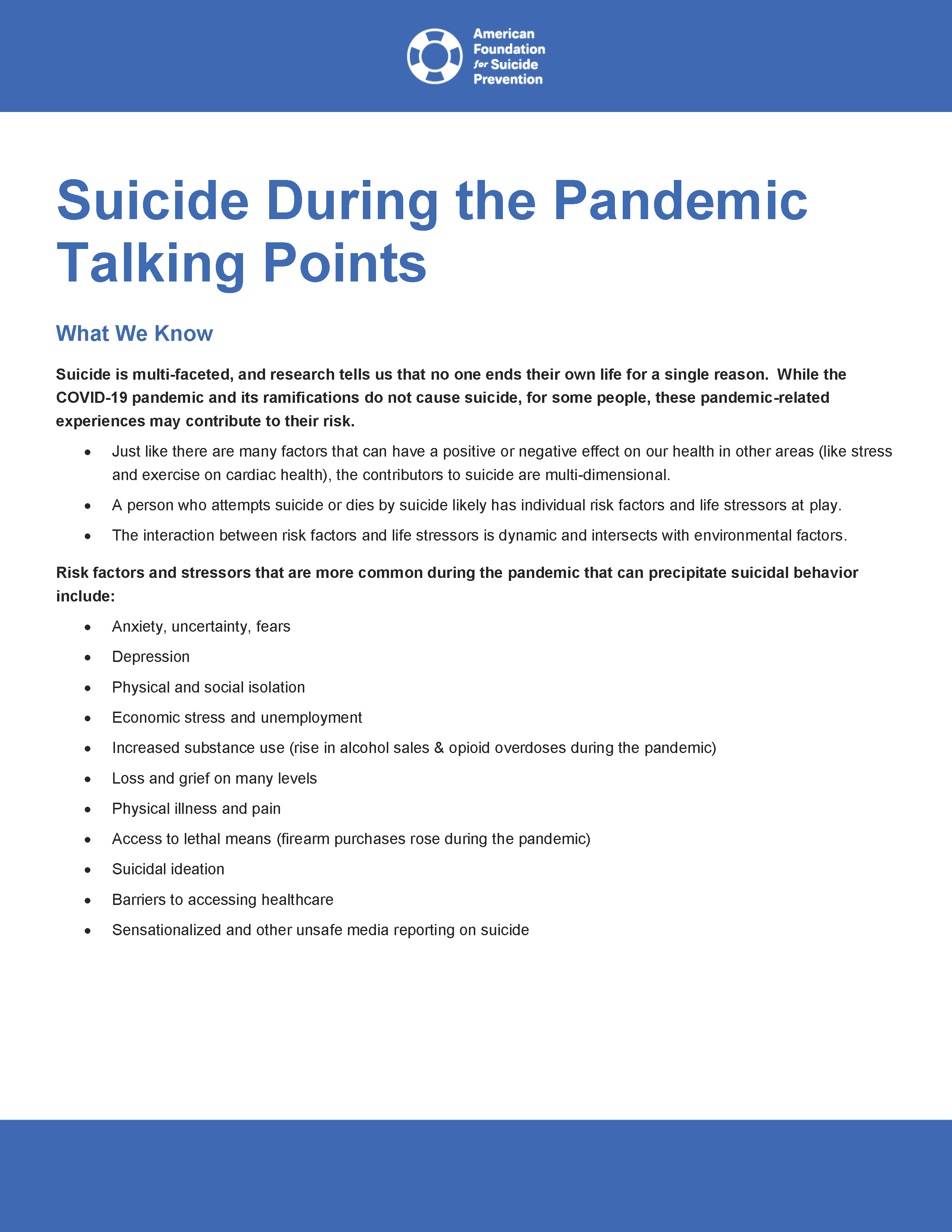 Suicide During the Pandemic Talking Points