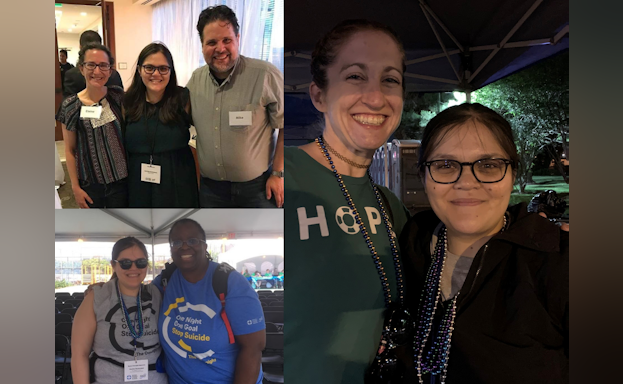 Collage of photos where Heather is standing next to walkers and smiling