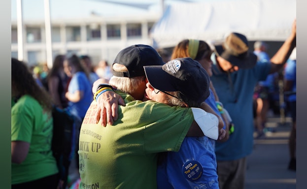 Participants hug at the Overnight