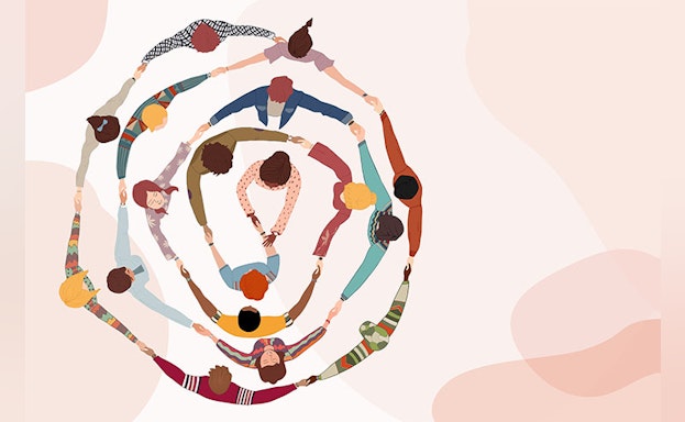 Colorful ariel view graphic of people holding hands in picture