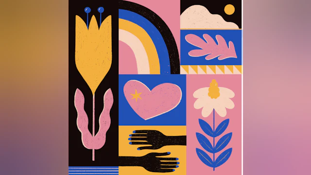 Colorful imagery of hands, hearts, flowers