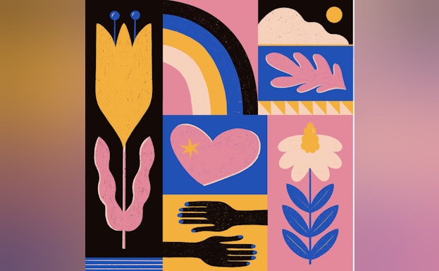 Colorful imagery of hands, hearts, flowers