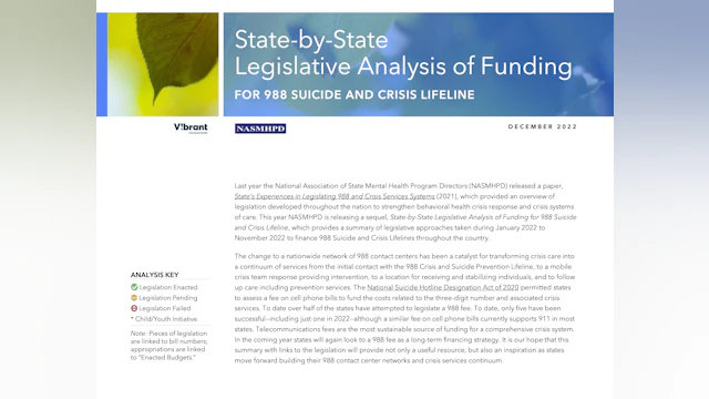 Vibrant & NASMHPD's State-by-State Legislative Analysis of Funding for 988 Suicide and Crisis Lifeline
