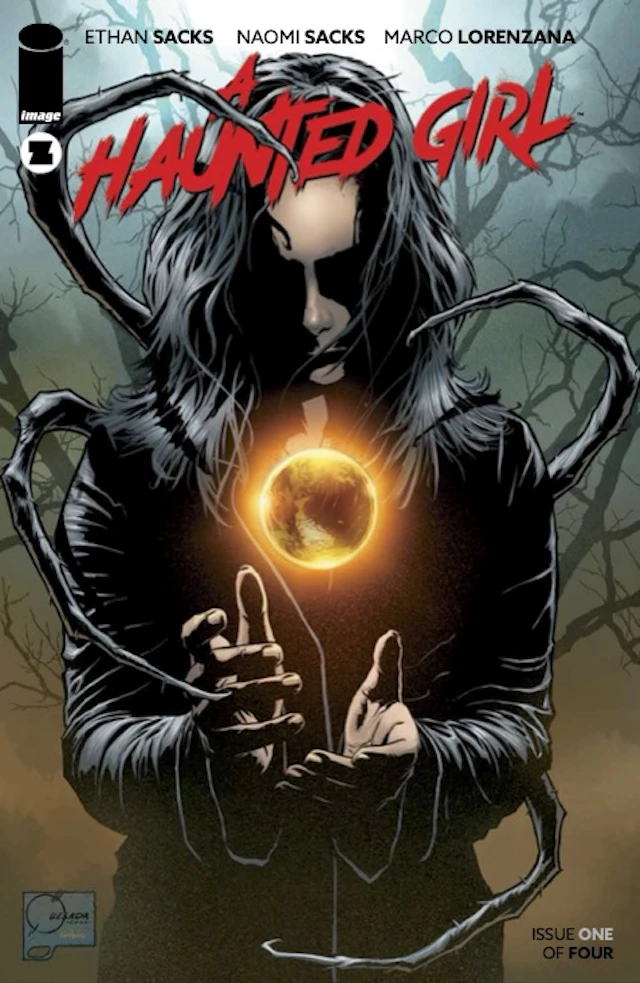 Cover image for issue one of A Haunted Girl, with the title in bold red lettering, and a young girl shrouded in darkness looking down at a floating, glowing orb