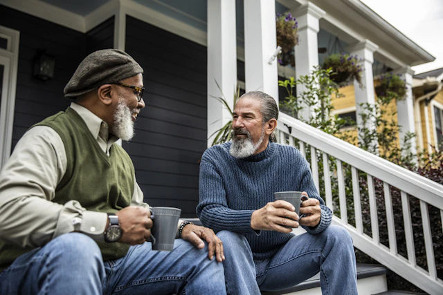 Two men having a conversation over coffee on porch steps
