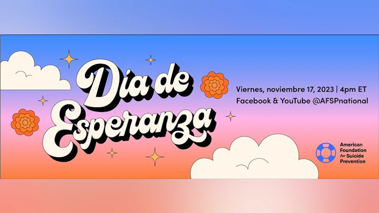 Graphic with a blue, pink, and orange ombré sky behind bold white text that says, "Día de Esperanza"