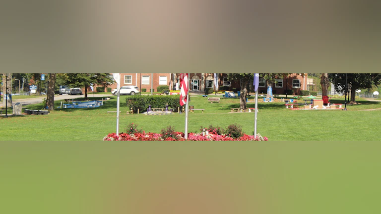 Photo of a grass lawn near brick buildings