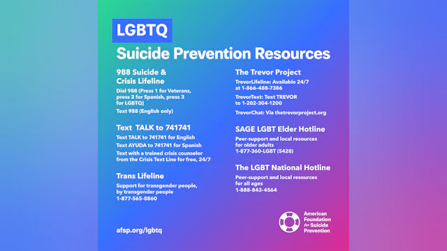LGBTQ Suicide Prevention Resources: 988 Suicide & Crisis Lifeline, Crisis Text Line, Trans Lifeline, The Trevor Project, SAGE LGBT Elder Hotline, The LGBT National Hotline