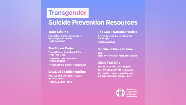 Transgender Suicide Prevention Resources: Trans Lifeline, The Trever Project, SAGE LGBT Elder Hotline, The LGBT National Hotline, Suicide & Crisis Lifeline, Crisis Text Line