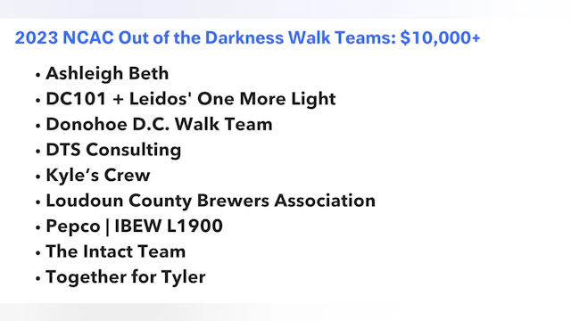 2023 National Capital Area Out of the Darkness Top Fundraising Teams: $10,000+