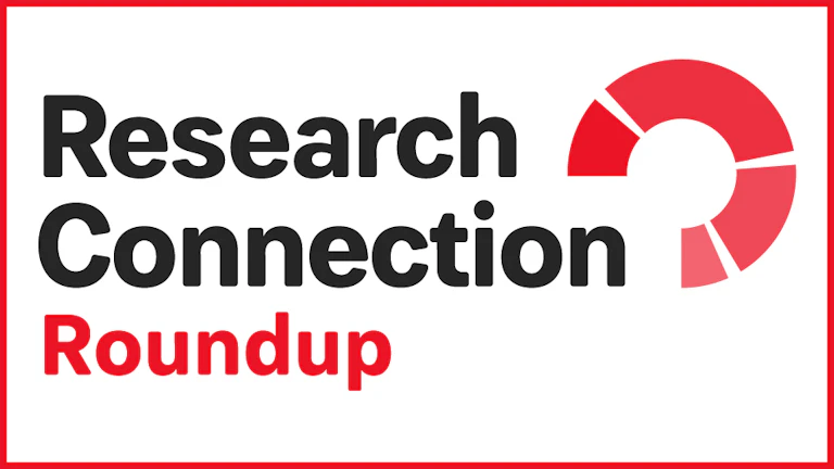 Rectangular image with black and red text that says "Research Connection Roundup," against a white background.