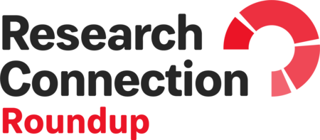 Horizontal banner image with black and red text that says "Research Connection Roundup," against a white background.
