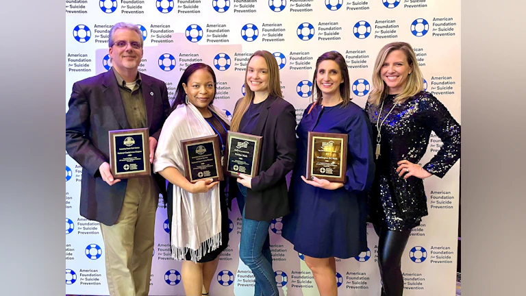 From Left: Loudoun Out of the Darkness Walk Chair Greg Merritt, AFSP-NCAC Board Secretary Lartia Goodwin, AFSP-NCAC Board Chair Alex Kula, AFSP-NCAC Bold Goal Chair Ali Walker, AFSP-NCAC Executive Director Ellen Shannon