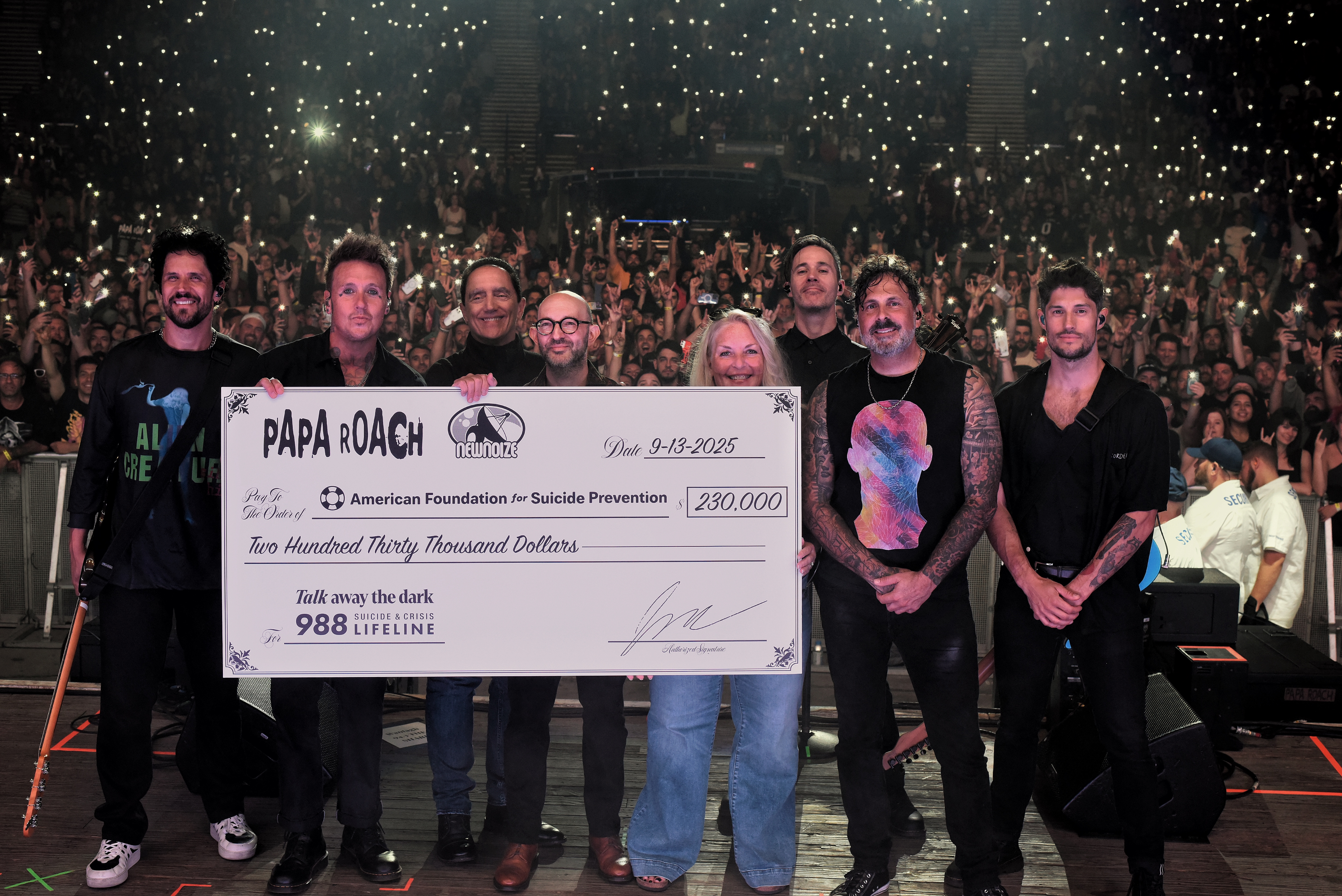 Papa Roach with AFSP CEO Bob Gebbia, Director Brett Wean and VP Lisa Brattain, Photo Credit: Christine Connallon, Getty Images