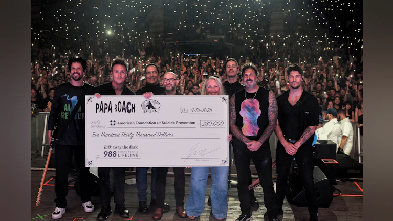 Papa Roach with AFSP CEO Bob Gebbia, Director Brett Wean and VP Lisa Brattain, Photo Credit: Christine Connallon, Getty Images