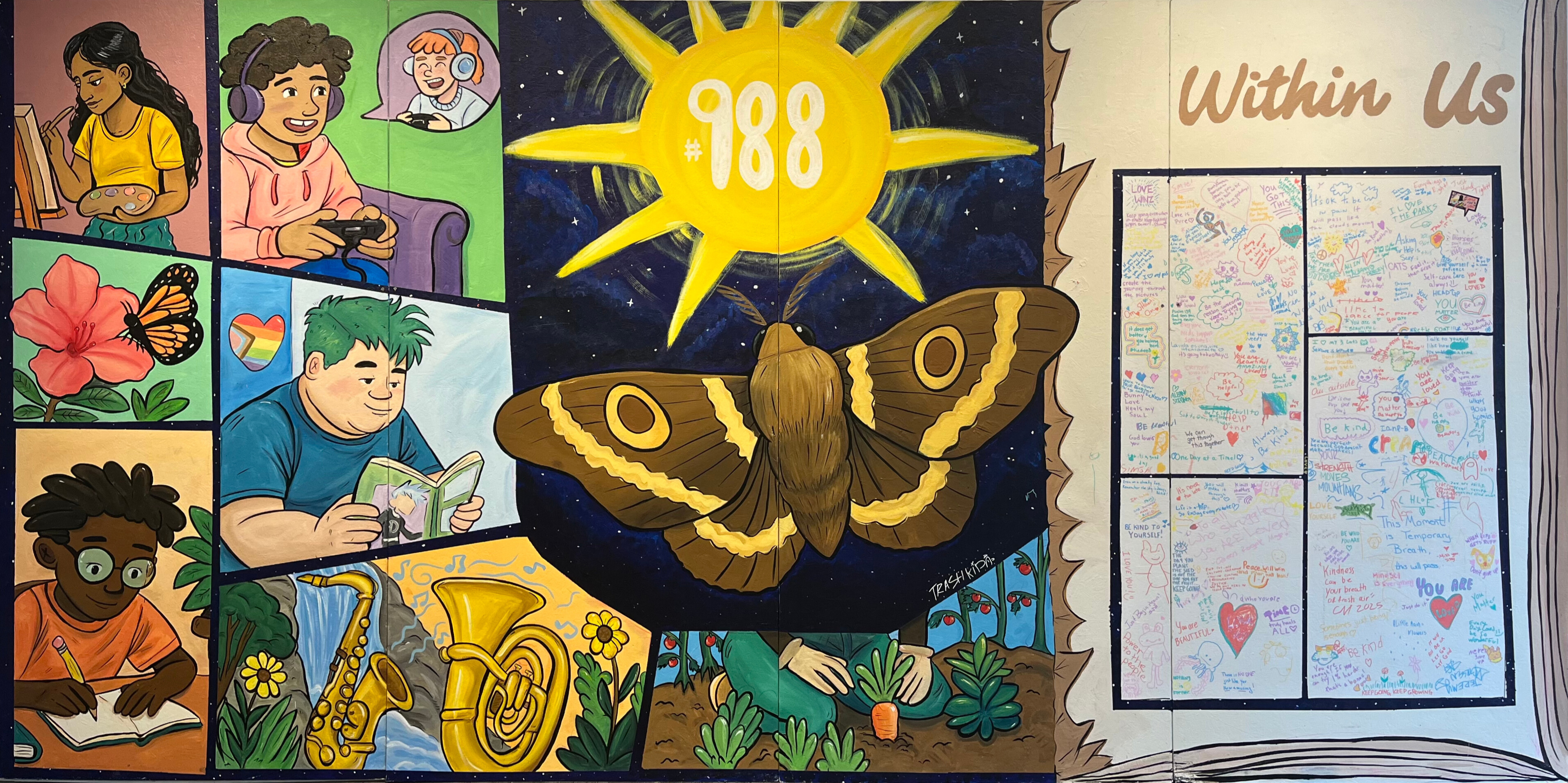 A photograph of the mural “Safety Is Where I Find Myself” by Jade Warrick aka TrashKiD Art, from Phase 1 of Within Us. Image provided by Albany Center Gallery.