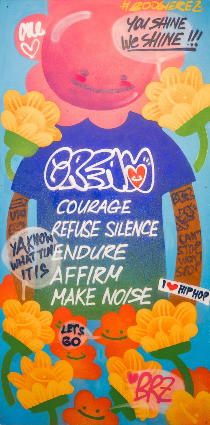 Photograph of the mural “C.R.E.A.M. (Courage, Refuse Silence, Endure, Affirm, Make Noise)” by BOOGIEREZ from Phase 2 of Within Us. Image provided by Albany Center Gallery.