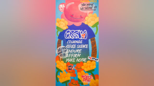 Photograph of the mural “C.R.E.A.M. (Courage, Refuse Silence, Endure, Affirm, Make Noise)” by BOOGIEREZ from Phase 2 of Within Us. Image provided by Albany Center Gallery.