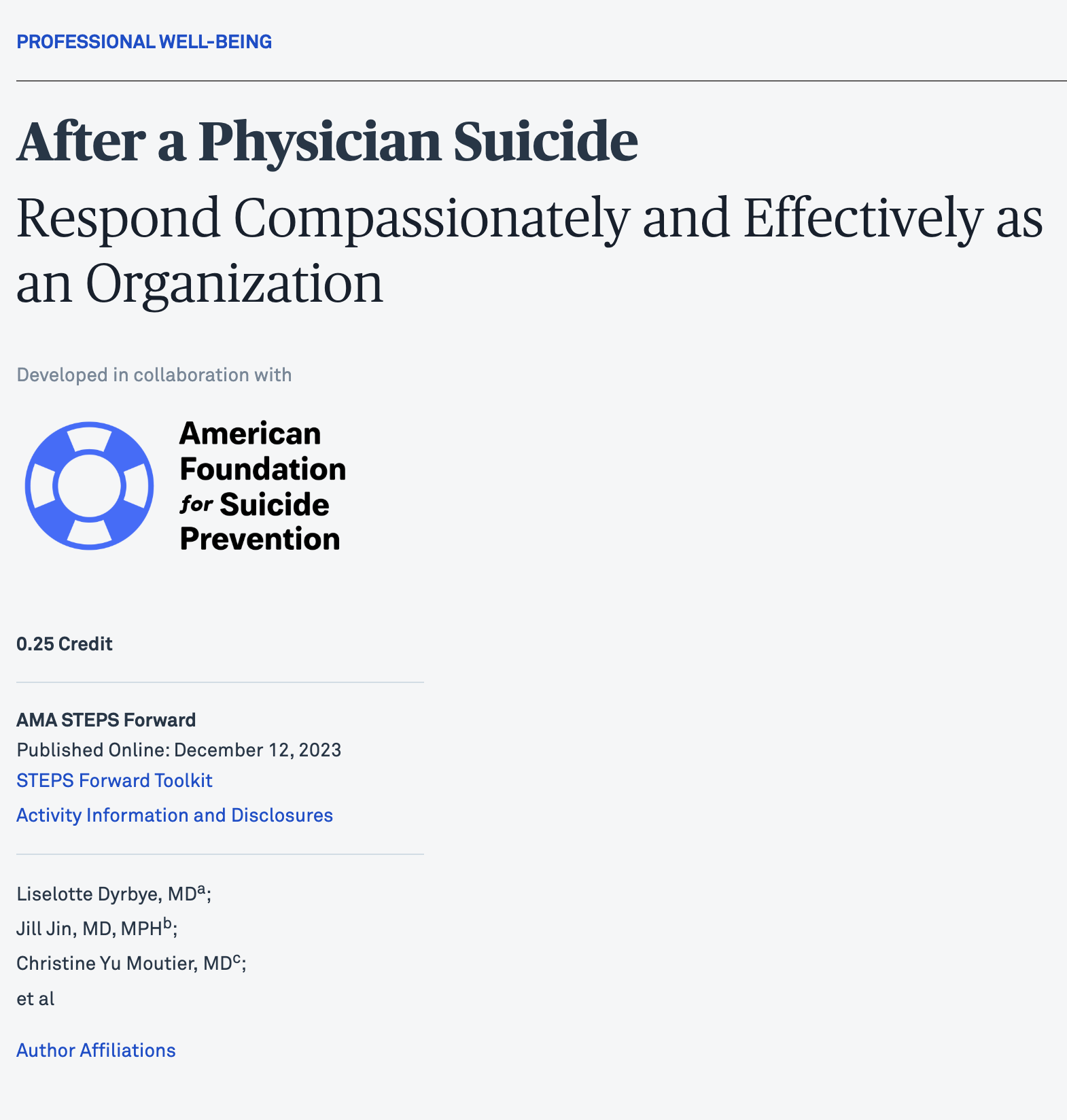After a Physician Suicide: Respond Compassionately and Effectively as an Organization