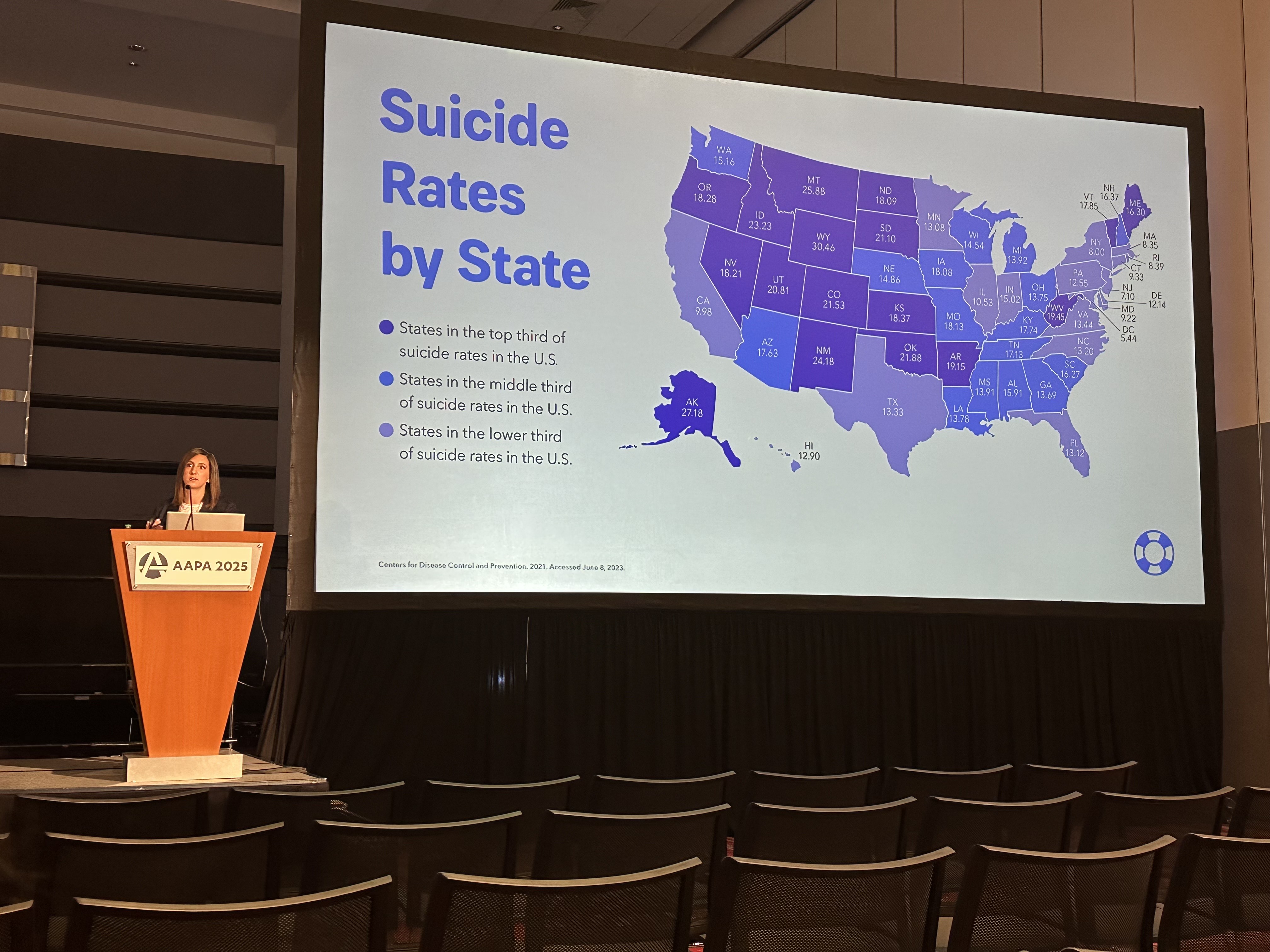 Ali Walker standing at a podium while presenting the CAPS education program.