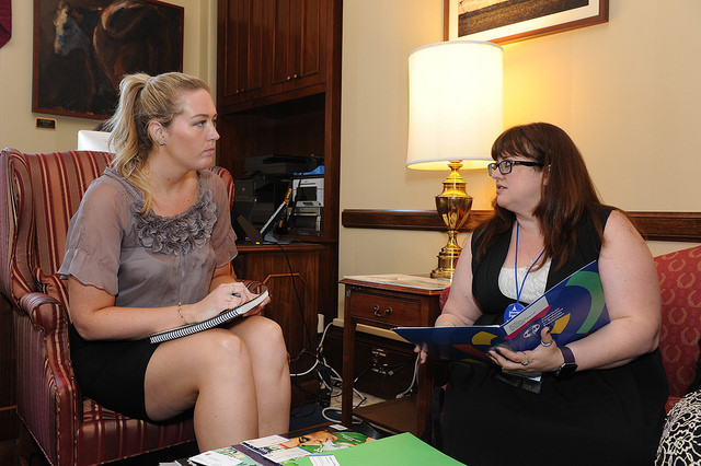 The author Jennifer Moffett in a meeting with a representative, sharing AFSP's mission and her connection to the cause.