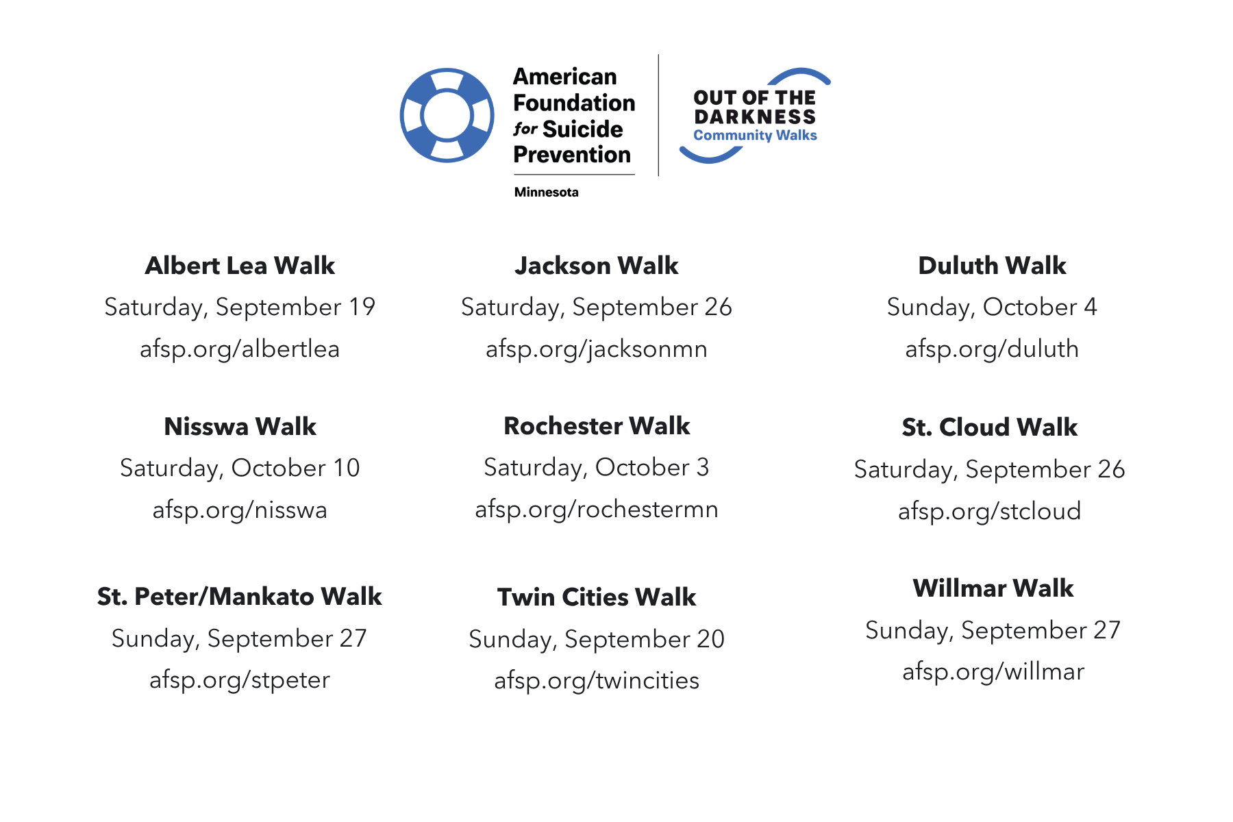 list of Minnesota Walk dates & URLs