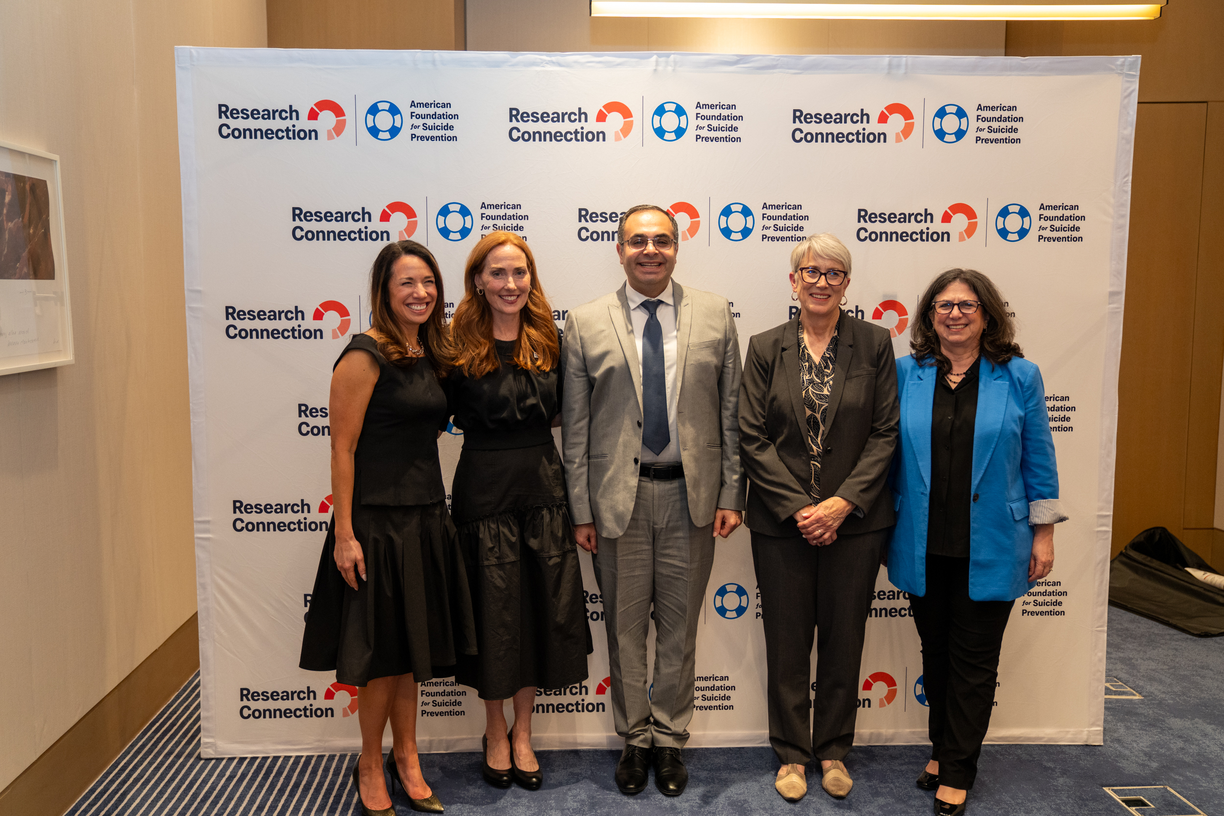 Left to right: Dr. Christine Yu Moutier, AFSP chief medical officer; Holly Wilcox, Ph.D., M.A., Annual Research Awardee; Dr. Mina Rizk, MD, Paula J. Clayton Early Research Grant Awardee; Jane Pearson, Ph.D., Lifetime Research Awardee; Dr. Jill Harkavy-Friedman, AFSP senior vice president of research