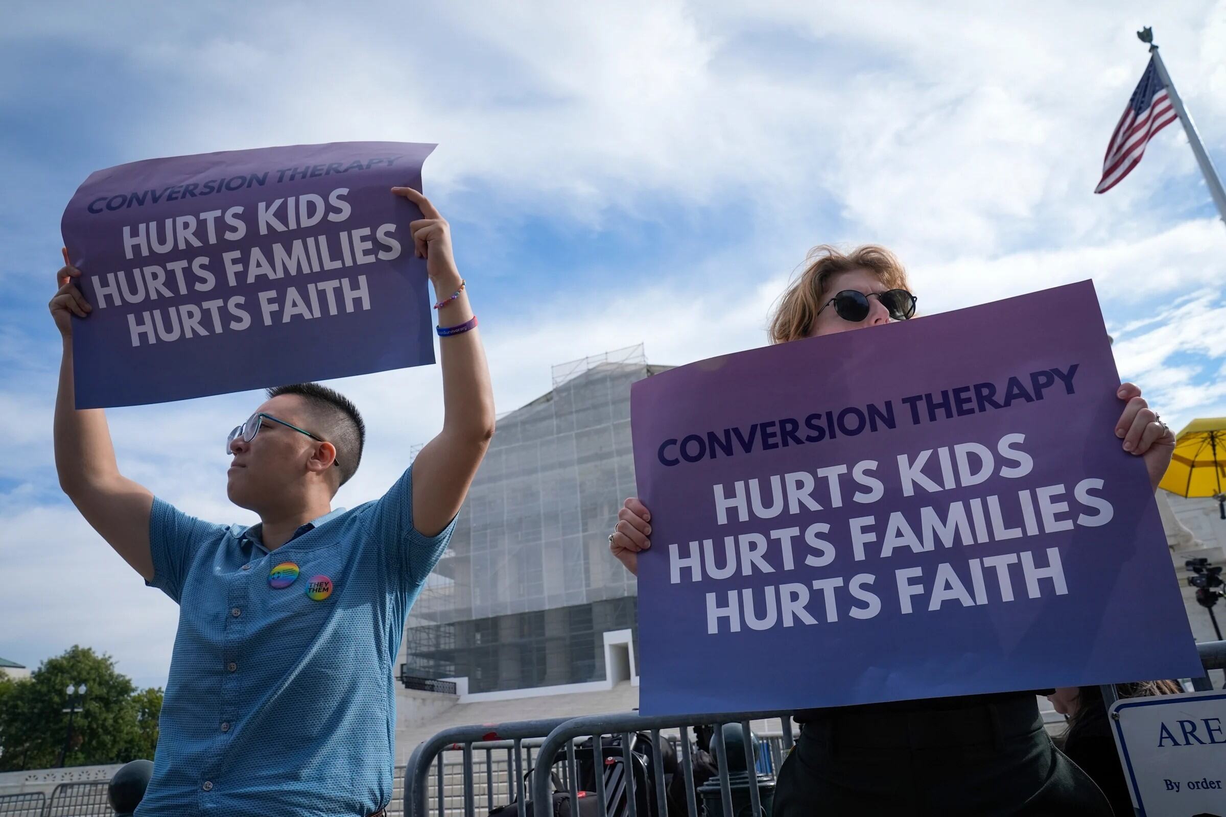 Alison Kwok (left) advocating to protect LGBTQ+ people from conversion therapy.
