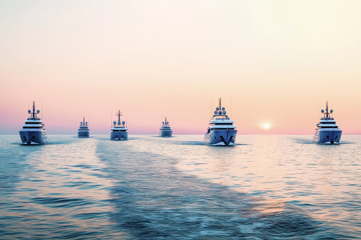 A fleet of yachts in a sunset