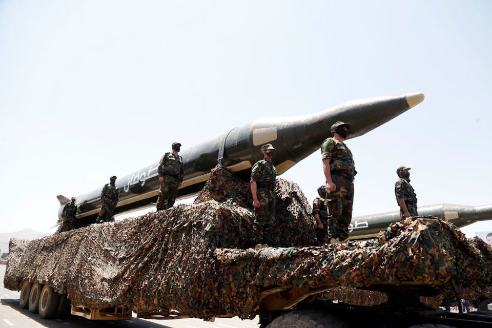 SANA’A, YEMEN – SEPTEMBER 21: Yemen’s Houthi group held a military parade, commemorating the 9th anniversary of their takeover of the capital Sana’a, on September 21, 2023 in Sana’a, Yemen. A military parade was held to commemorate the 9th anniversary of the group’s control of Yemen’s capital Sana’a, with a marching of thousands of uniformed fighters, armored cars, naval vessels, ballistic missiles, drones, and jets. (Photo by Mohammed Hamoud/Getty Images)