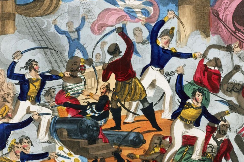 John Fairburn, *British Sailors Boarding an Algerine Pirate*, ca. 1825. *National Maritime Museum, Greenwich, London*. 1102px-British_sailors_boarding_an_Algerine_pirate_ship