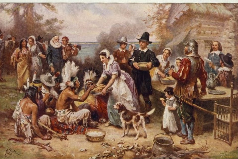 *The First* *Thanksgiving, 1621*, J.L.G. Ferris (1912). *Library of Congress.* Thanksgiving LOC