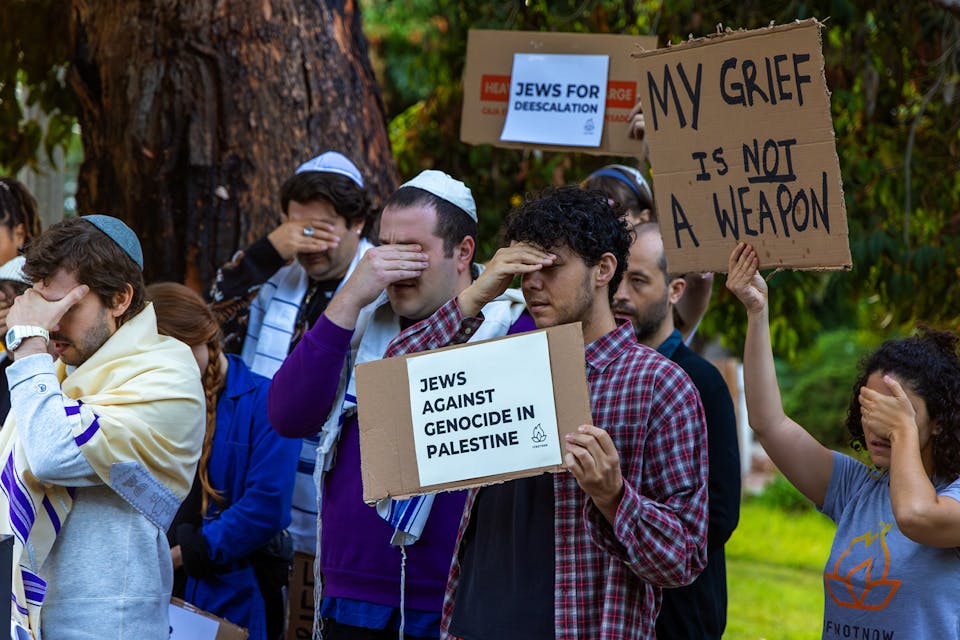Jewish anti-Israel protestors on October 19, 2023 outside the Los Angeles home of Vice President Kamala Harris. *Irfan Khan / Los Angeles Times via Getty Images.* Abrams Podcast
