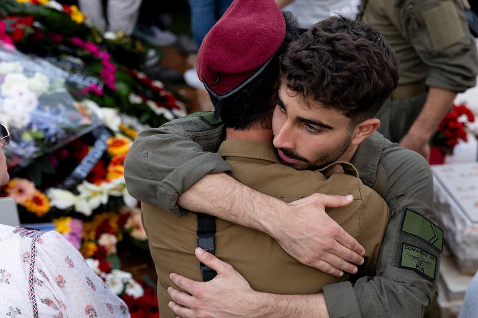 Soldiers mourn at the funeral of Israeli soldier Sivan Wail, who was killed in combat in the Gaza Strip, on April 1, 2024 in Ra'anana. *Amir Levy/Getty Images*. DeMogge Fallen Main