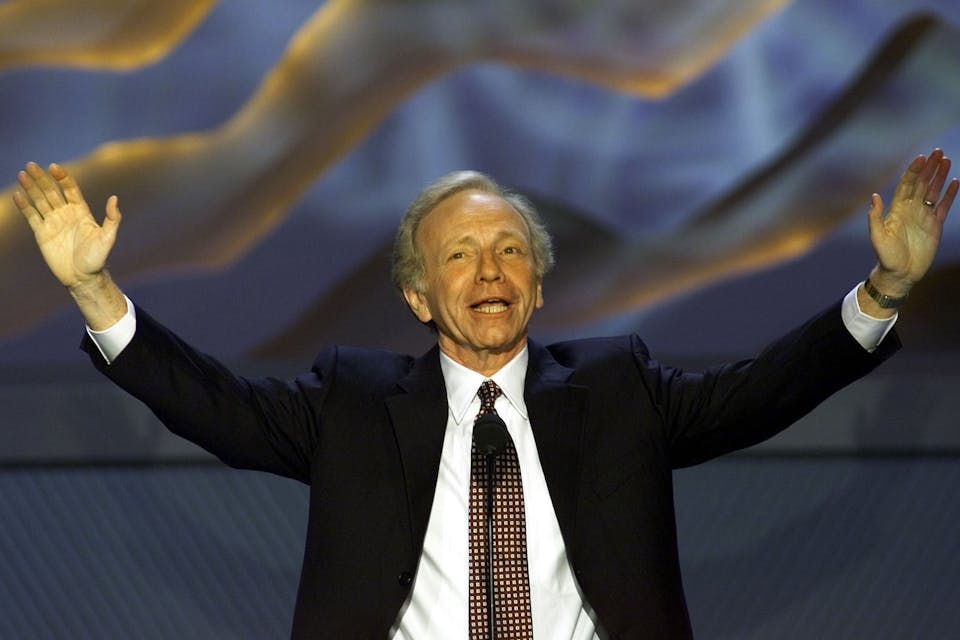 Vice presidential nominee Joseph Lieberman at the 2000 Democratic National Convention on August 16, 2000 in Los Angeles. *Kim Kulish/Newsmakers*. Lieberman Abrams Main