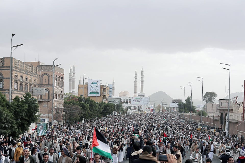Yemenis protesting the U.S.-led airstrikes and sanctions against Houthis in Sanaa, Yemen on Feb. 16, 2024. *Mohammed Mohammed/Xinhua via Getty Images*. Houthis Main