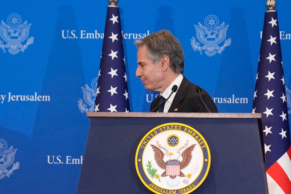 Secretary of State Antony Blinken leaves the podium after giving a press conference in Tel Aviv on February 7, 2024. *MARK SCHIEFELBEIN/POOL/AFP via Getty Images*. Blinken Main